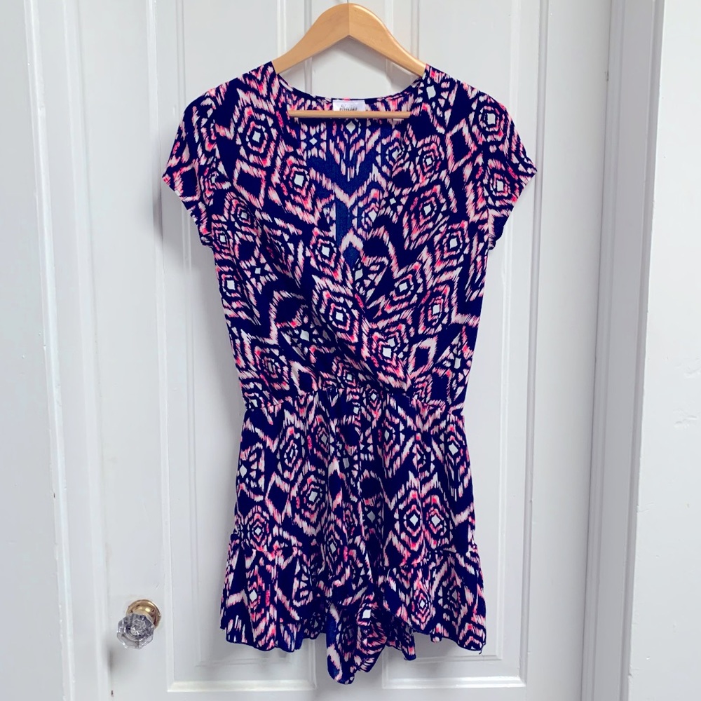 MEGHAN LOS ANGELES NAVY BLUE AND NEON PINK RUFFLE HEM SURPLICE ROMPER SIZE SMALL